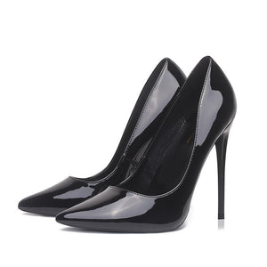 GENSHUO Women Pumps Brand High Heels Black Patent Leather Pointed Toe Sexy Stiletto Shoes Woman Ladies Plus Big Size 11 12